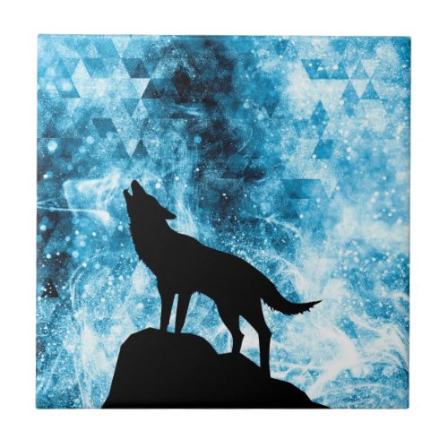 Howling Wolf Winter snowy blue smoke Abstract Ceramic Tile