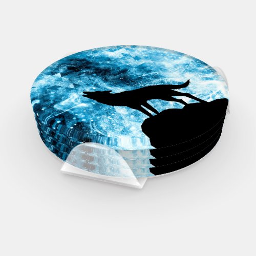 Howling Wolf Winter snowy blue smoke Abstract Coaster Set