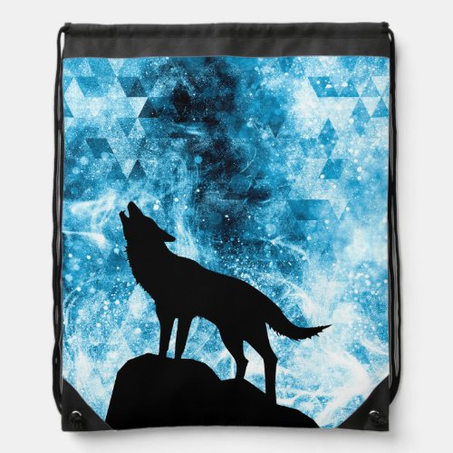Howling Wolf Winter snowy blue smoke Abstract Drawstring Bag