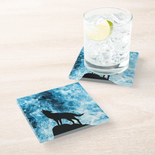 Howling Wolf Winter snowy blue smoke Abstract Glass Coaster