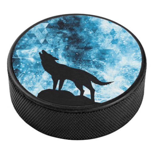 Howling Wolf Winter snowy blue smoke Abstract Hockey Puck