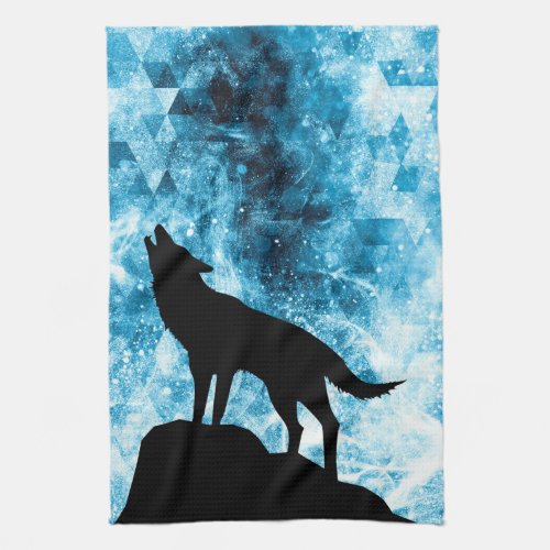 Howling Wolf Winter snowy blue smoke Abstract Kitchen Towel