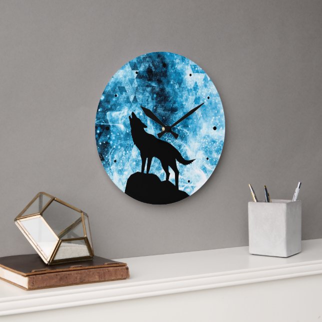 Howling Wolf Winter snowy blue smoke Abstract Large Clock (Office)