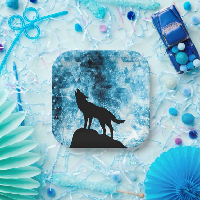 Howling Wolf Winter snowy blue smoke Abstract Paper Plates (Party)