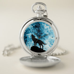 Howling Wolf Winter snowy blue smoke Abstract Pocket Watch