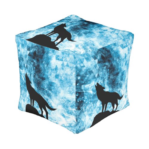 Howling Wolf Winter snowy blue smoke Abstract Pouf