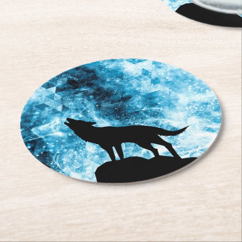 Howling Wolf Winter snowy blue smoke Abstract Round Paper Coaster