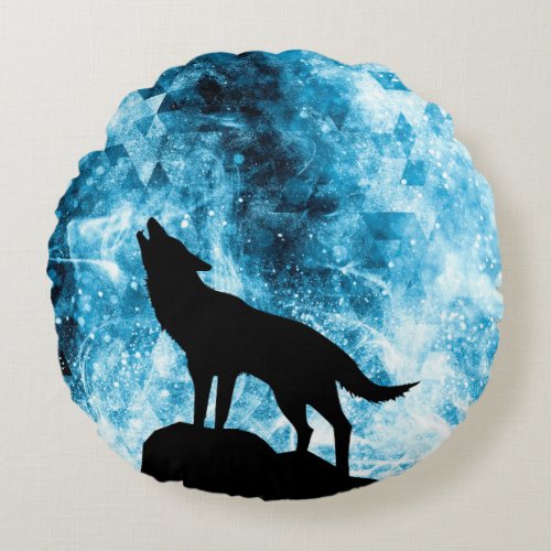 Howling Wolf Winter snowy blue smoke Abstract Round Pillow