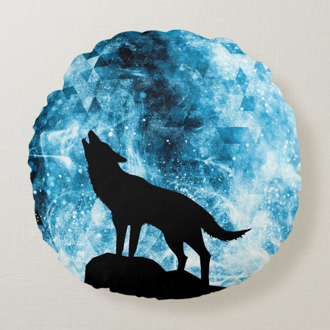 Howling Wolf Winter snowy blue smoke Abstract Round Pillow (Front)