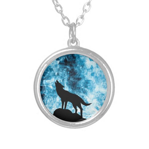 Howling Wolf Winter snowy blue smoke Abstract Silver Plated Necklace
