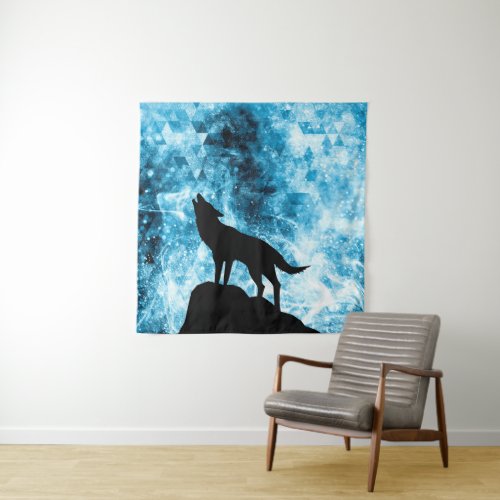 Howling Wolf Winter snowy blue smoke Abstract Tapestry