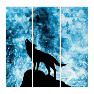 Howling Wolf Winter snowy blue smoke Abstract Triptych