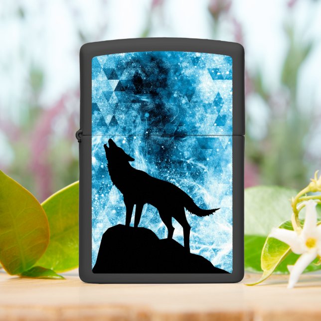 Howling Wolf Winter snowy blue smoke Abstract Zippo Lighter (On Table)