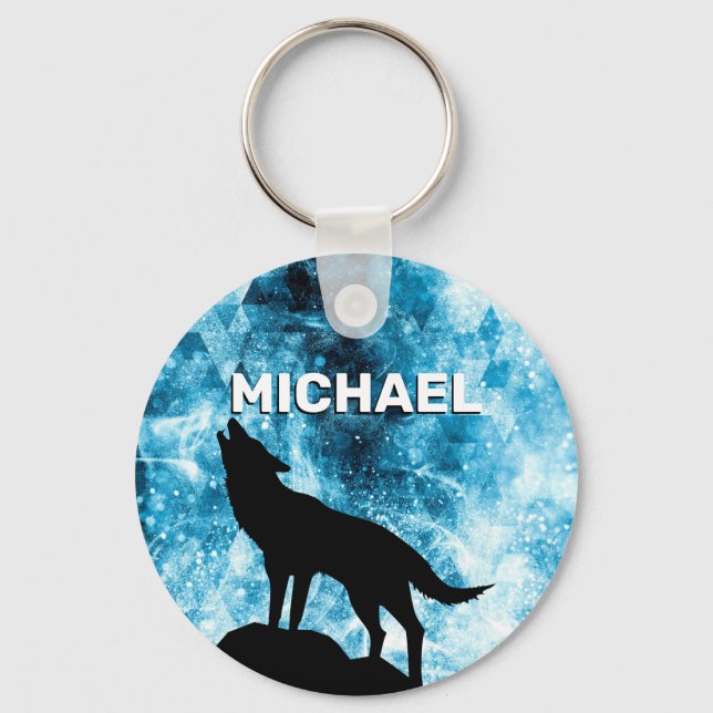 Howling Wolf Winter snowy blue smoke Custom Name Keychain (Front)