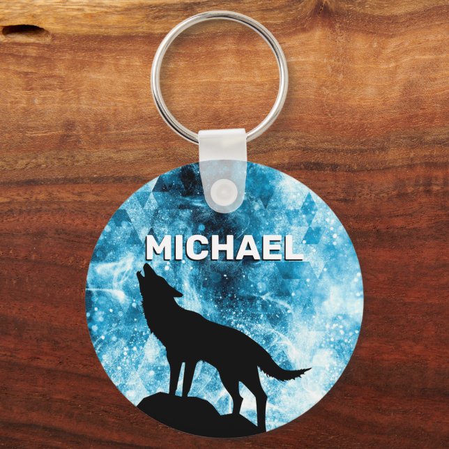 Howling Wolf Winter snowy blue smoke Custom Name Keychain (Front)