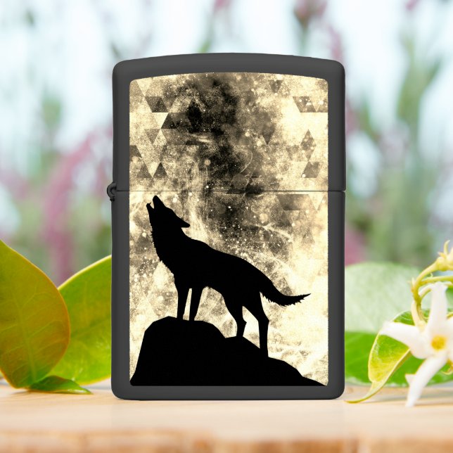 Howling Wolf Winter snowy gold smoke Abstract Zippo Lighter (On Table)