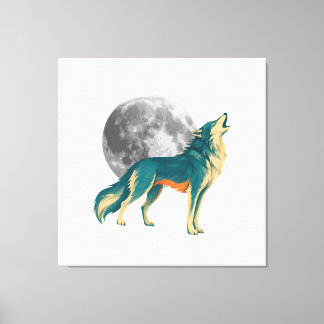 Howling Wolf with Full Moon Colorful Canvas Art | 