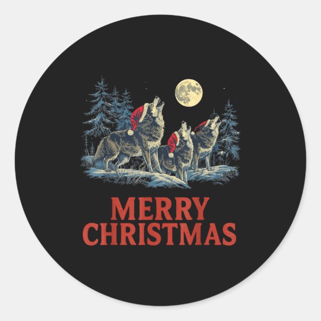 Howling Wolves Merry Christmas Holiday Design  Classic Round Sticker (Front)