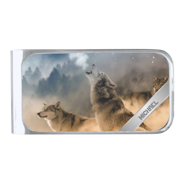 Howling Wolves Monogram Silver Finish Money Clip (Front)