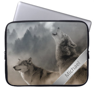 Howling Wolves Photo Monogram Laptop Sleeve
