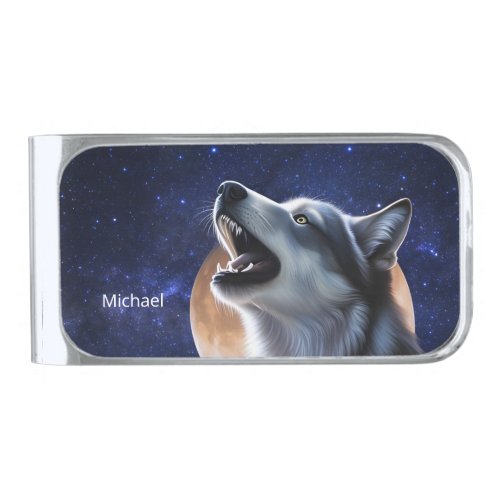 Howling Wolves Photo Monogram Silver Finish Money Clip