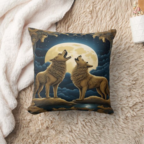 Howling Wolves Under a Full Moon at Night Throw Pillow