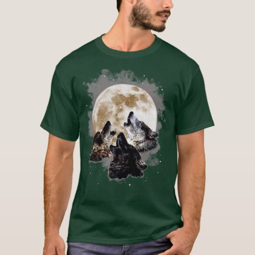 hree Wolves Howling at the Moon  Wolf Lover  T_Shirt