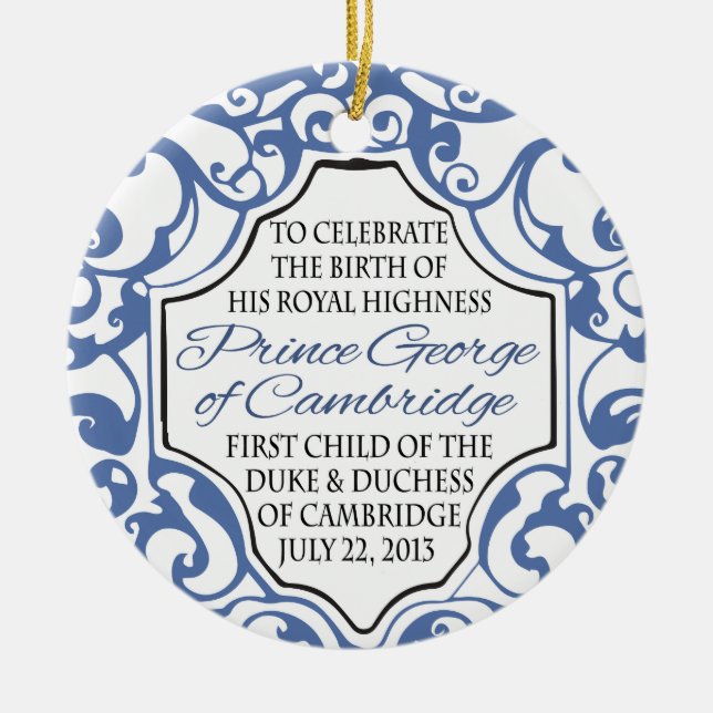 HRH Prince George Blue/White Scroll Ceramic Ornament (Front)