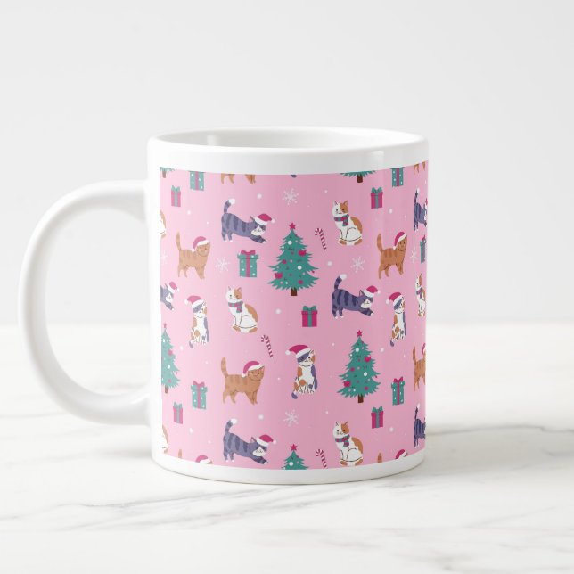 hristmas Cats and Trees Holiday Pattern Giant Coffee Mug (Left)
