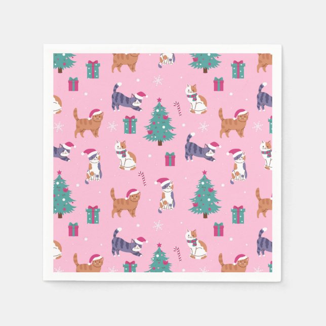 hristmas Cats and Trees Holiday Pattern Napkins (Front)