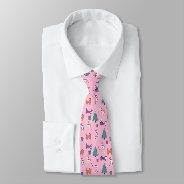 hristmas Cats and Trees Holiday Pattern Neck Tie (Tied)