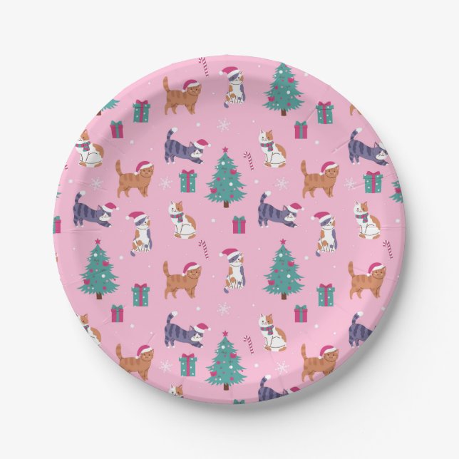 hristmas Cats and Trees Holiday Pattern Paper Plates (Front)
