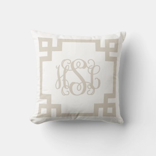 HSL Linen Beige and White Greek Key Monogram Throw Pillow