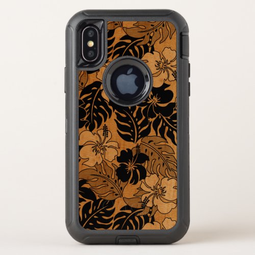 Huakini Bay Hawaiian Hibiscus Vintage Faux Wood OtterBox Defender iPhone X Case