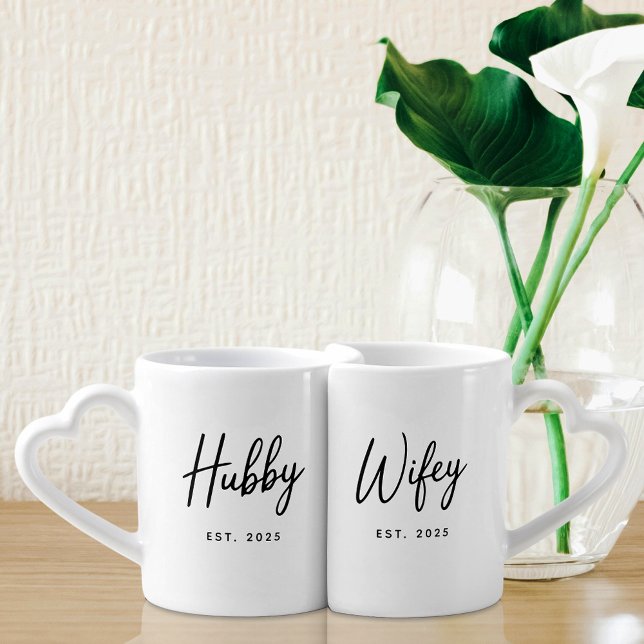 Hubby and Wifey Script Established Year Simple Coffee Mug Set (Creator Uploaded)