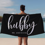 Hubby Black And White Newlywed Groom Beach Towel<br><div class="desc">Show off your newlywed status with this sleek "Hubby" beach towel in black and white, perfect for honeymoons, beach days, or poolside relaxation. Designed for grooms and husbands, this towel can be personalized with a last name, making it a thoughtful gift or stylish accessory. Whether for the beach or pool,...</div>