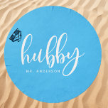 Hubby Blue And White Groom Name Beach Towel<br><div class="desc">Celebrate your groom status with this personalized "Hubby" beach towel in a chic blue and white design. Perfect for honeymoon trips, beach days, or poolside lounging, this towel features the groom's name for a custom touch. Made with soft, absorbent material, it's an essential accessory for newlyweds. Ideal as a wedding,...</div>