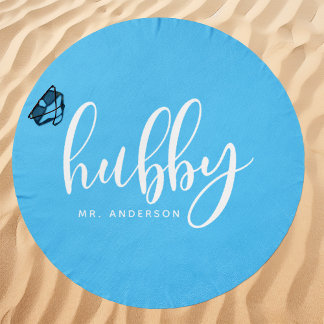 Hubby Blue And White Groom Name Beach Towel