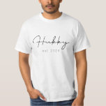 Hubby Just Married Newlywed T-Shirt<br><div class="desc">This elegant hubby tshirt is perfect to wear at at a post wedding breakfast or on your honeymoon,  for a 2024 wedding.

Get the matching wifey tshirt here: https://www.zazzle.co.uk/wifey_just_married_newlywed_t_shirt-256706540839478755</div>