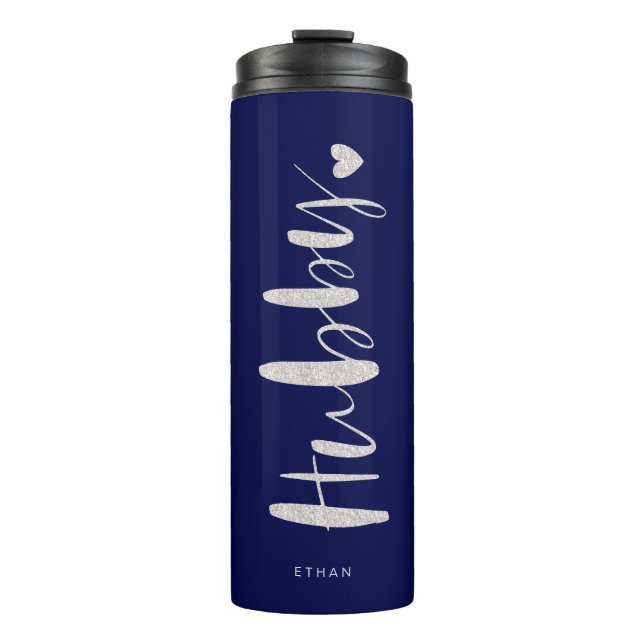 Hubby Love | Stylish Navy Brush Script Typographic Thermal Tumbler (Front)