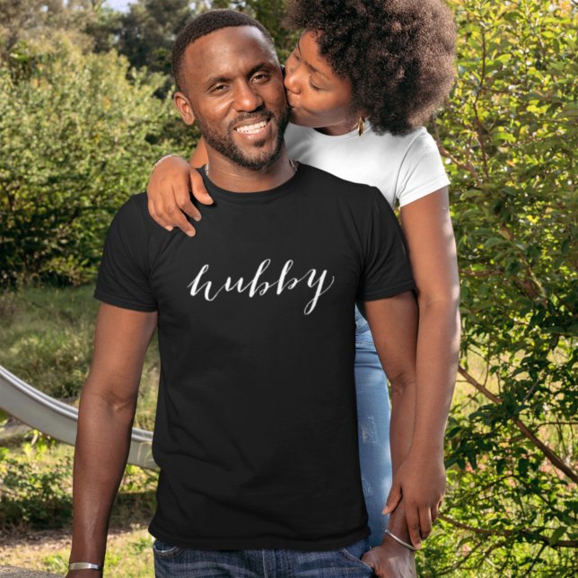 Hubby Modern White Script Black Mens T-Shirt (Creator Uploaded)