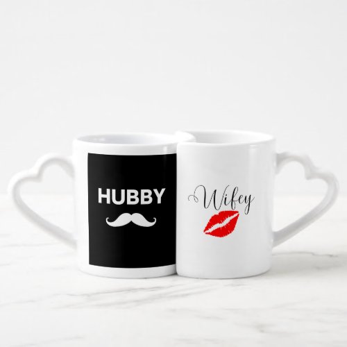 Hubby mustache  Wifey red lips Heart Mugs