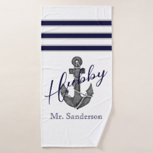 Hubby Nautical White and Navy Blue Anchor Beach Bath Towel