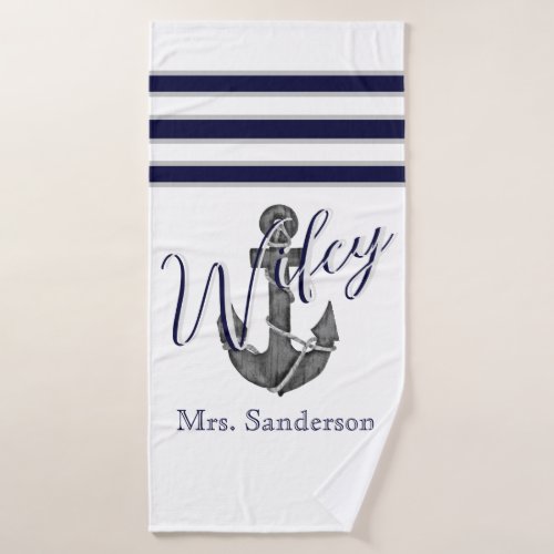 Hubby Nautical White and Navy Blue  Anchor  Beach Bath Towel