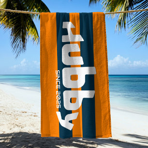 Hubby Newlywed Groom Orange & Navy Beach Towel