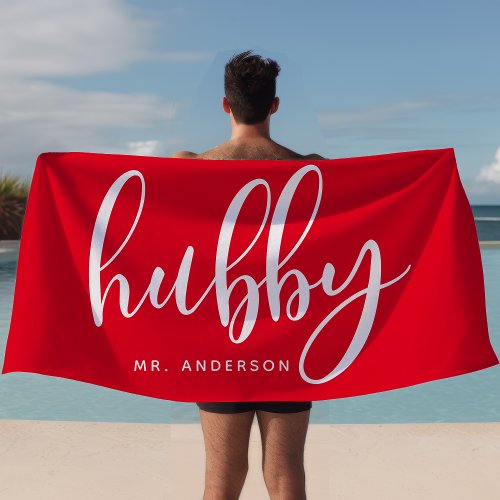 Hubby Red And White Newlywed Groom Beach Towel