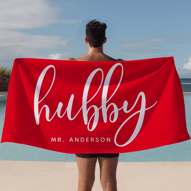 Hubby Red And White Newlywed Groom Beach Towel (Creator Uploaded)