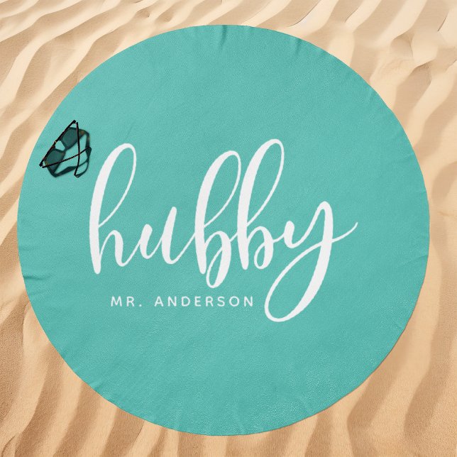 Hubby Teal And White Groom Name Beach Towel (Creator Uploaded)