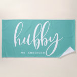 Hubby Teal And White Newlywed Groom Beach Towel at Zazzle