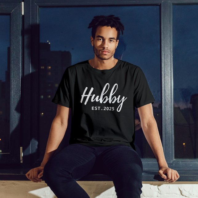 Hubby White Script "EST 202X" - Modern Groomsmen  T-Shirt (Modern Groomsmen Hubby T-Shirt)